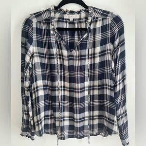 LOFT Women's Checkered Blouse in Navy and Cream